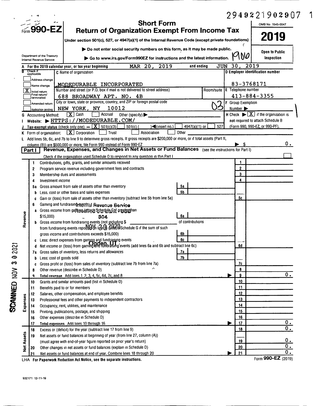 Image of first page of 2018 Form 990EZ for Modedurable Incorporated