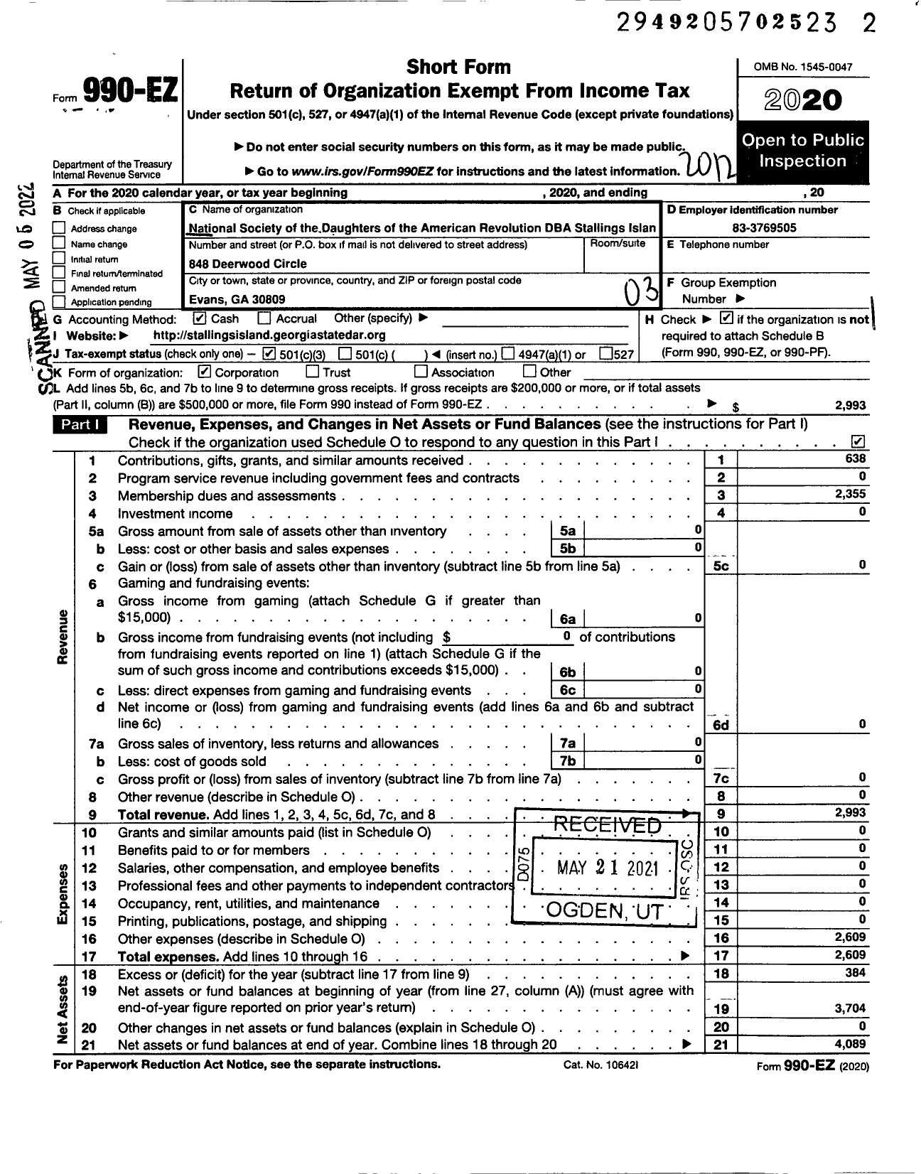 Image of first page of 2020 Form 990EZ for Daughters of the American Revolution-Stallings Island Chapte