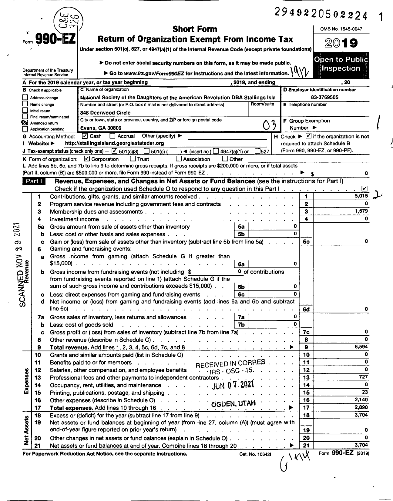 Image of first page of 2019 Form 990EZ for Daughters of the American Revolution-Stallings Island Chapte