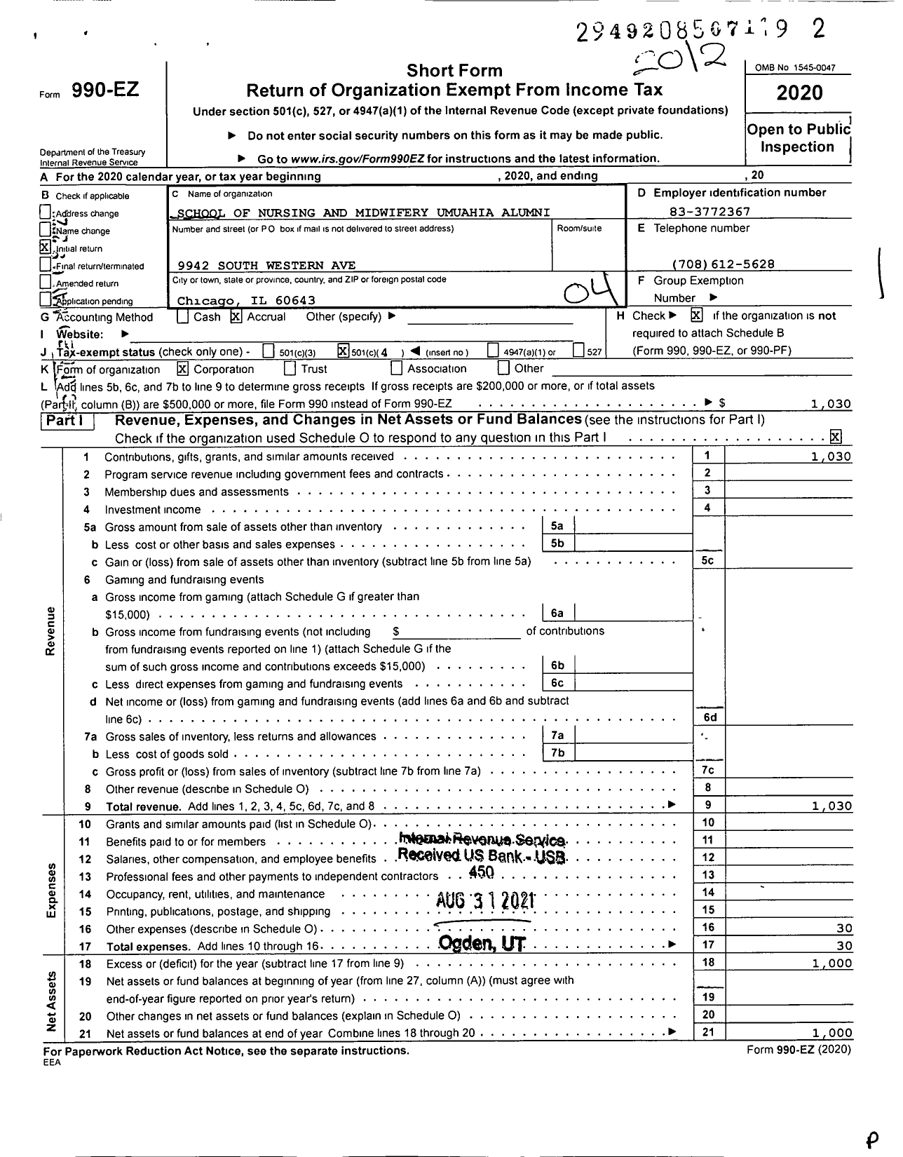 Image of first page of 2020 Form 990EO for School of Nursing and Midwifery Umuahia Alumni