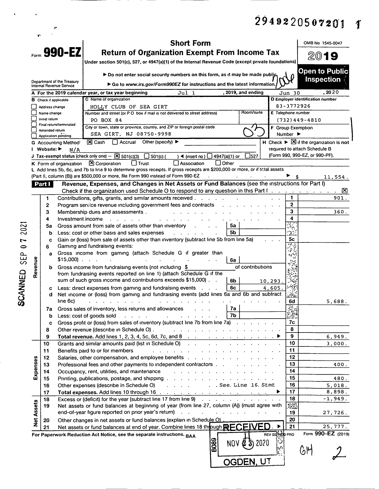 Image of first page of 2019 Form 990EZ for Holly Club of Sea Girt