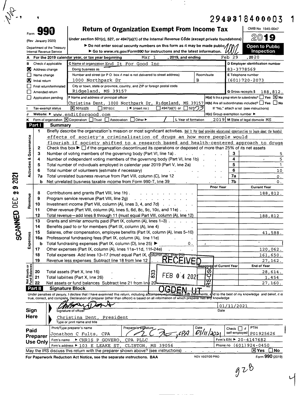 Image of first page of 2019 Form 990 for End It for Good