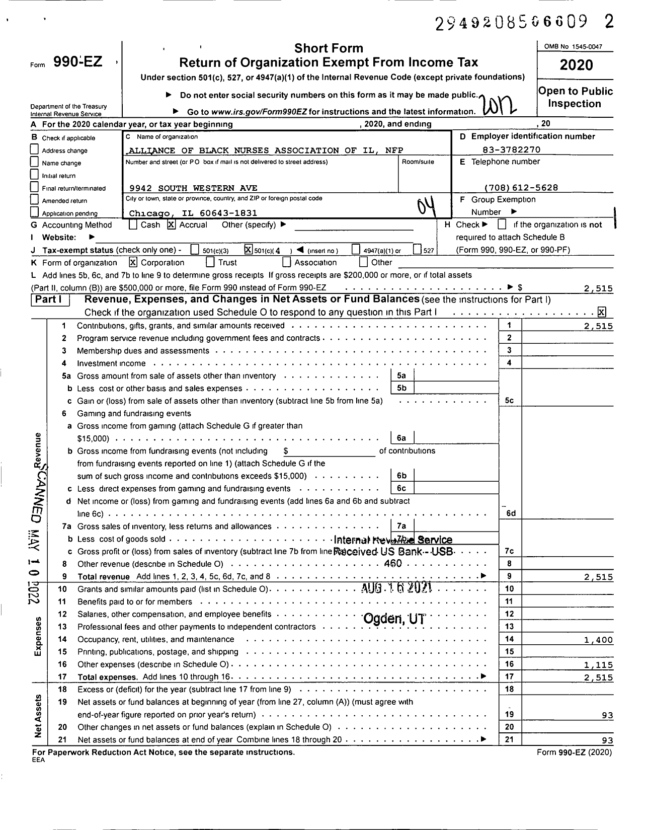 Image of first page of 2020 Form 990EO for Alliance of Black Nurses Association of Il NFP