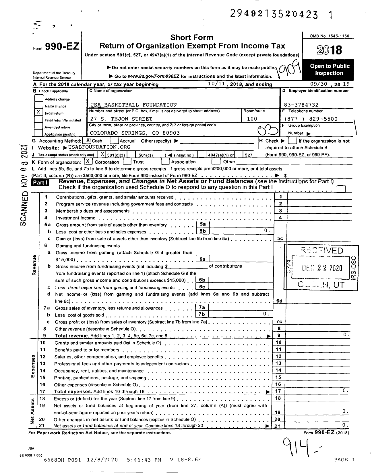 Image of first page of 2018 Form 990EZ for USA Basketball Foundation