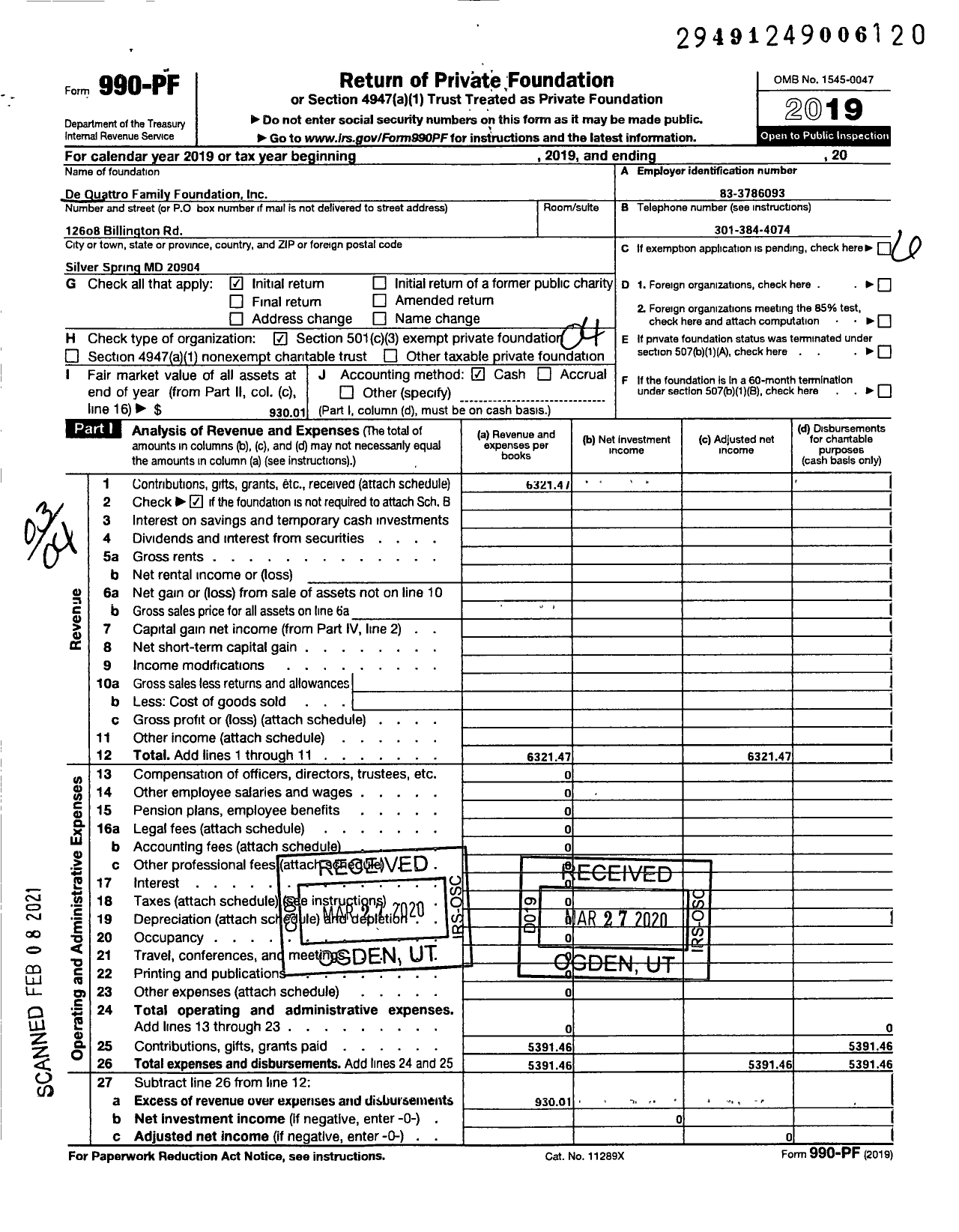 Image of first page of 2019 Form 990PF for De Quattro Family Foundation