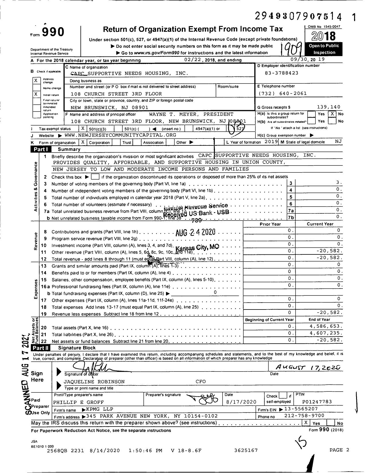 Image of first page of 2018 Form 990 for CAPC Supportive Needs Housing