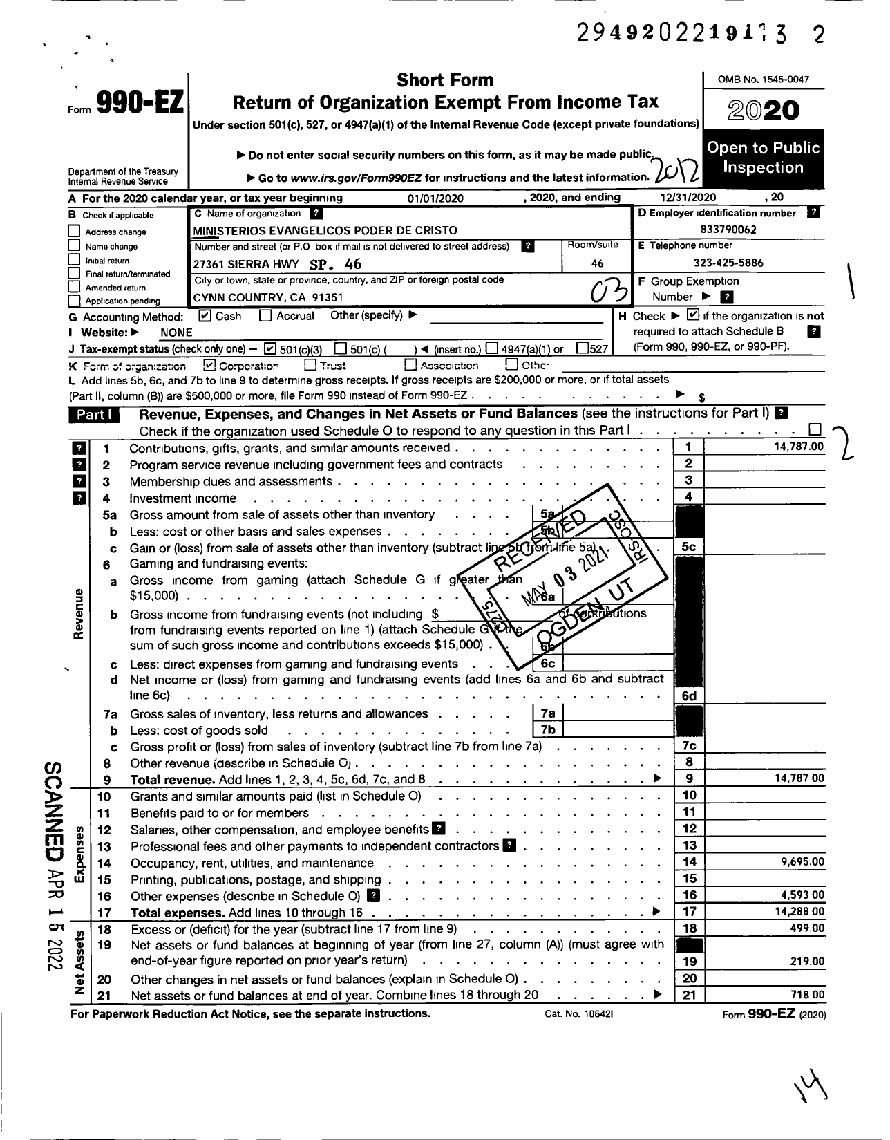 Image of first page of 2020 Form 990EZ for Ministerios Evangelicos Poder de Cristo