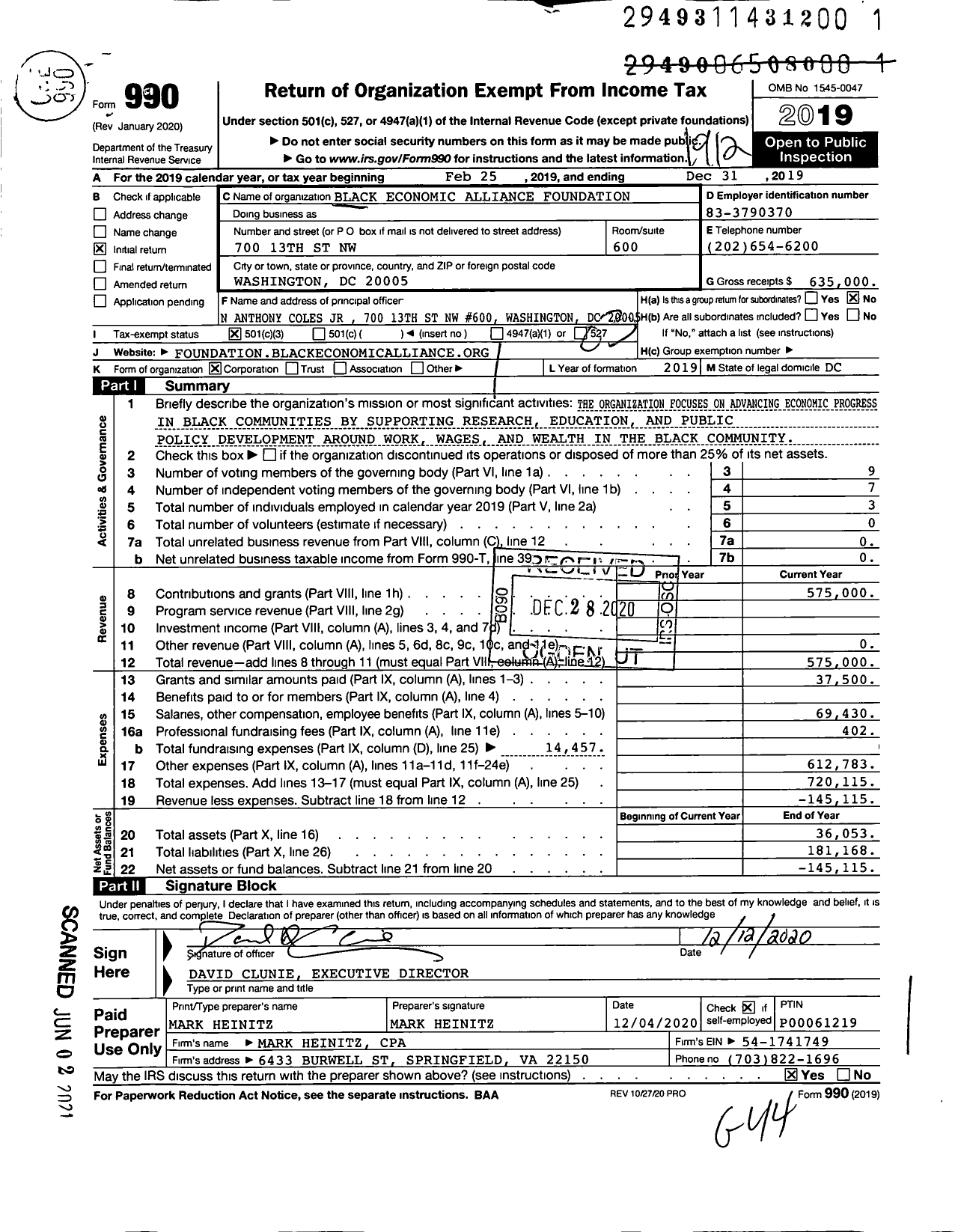 Image of first page of 2019 Form 990 for Black Economic Alliance Foundation