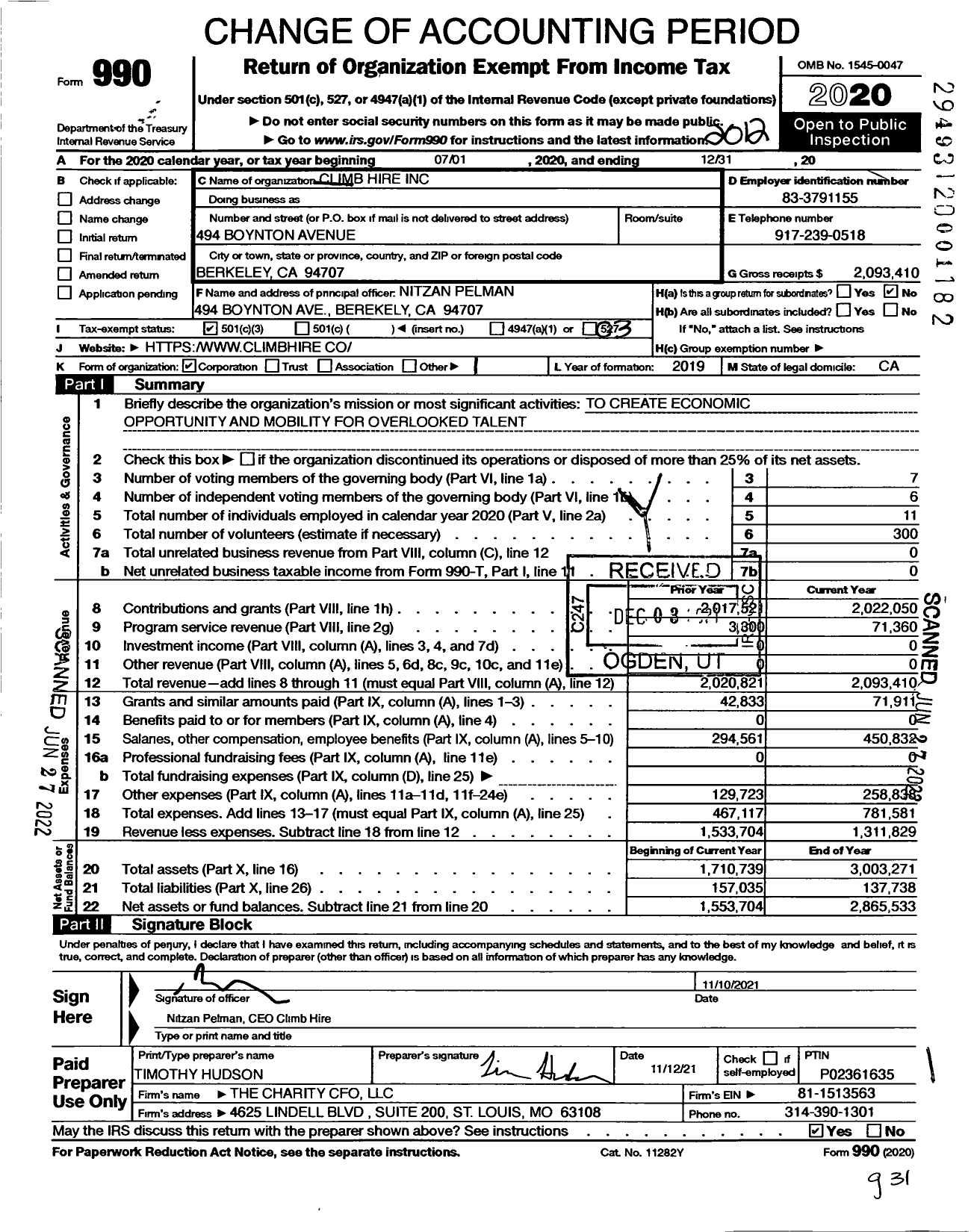 Image of first page of 2020 Form 990 for Climb Hire
