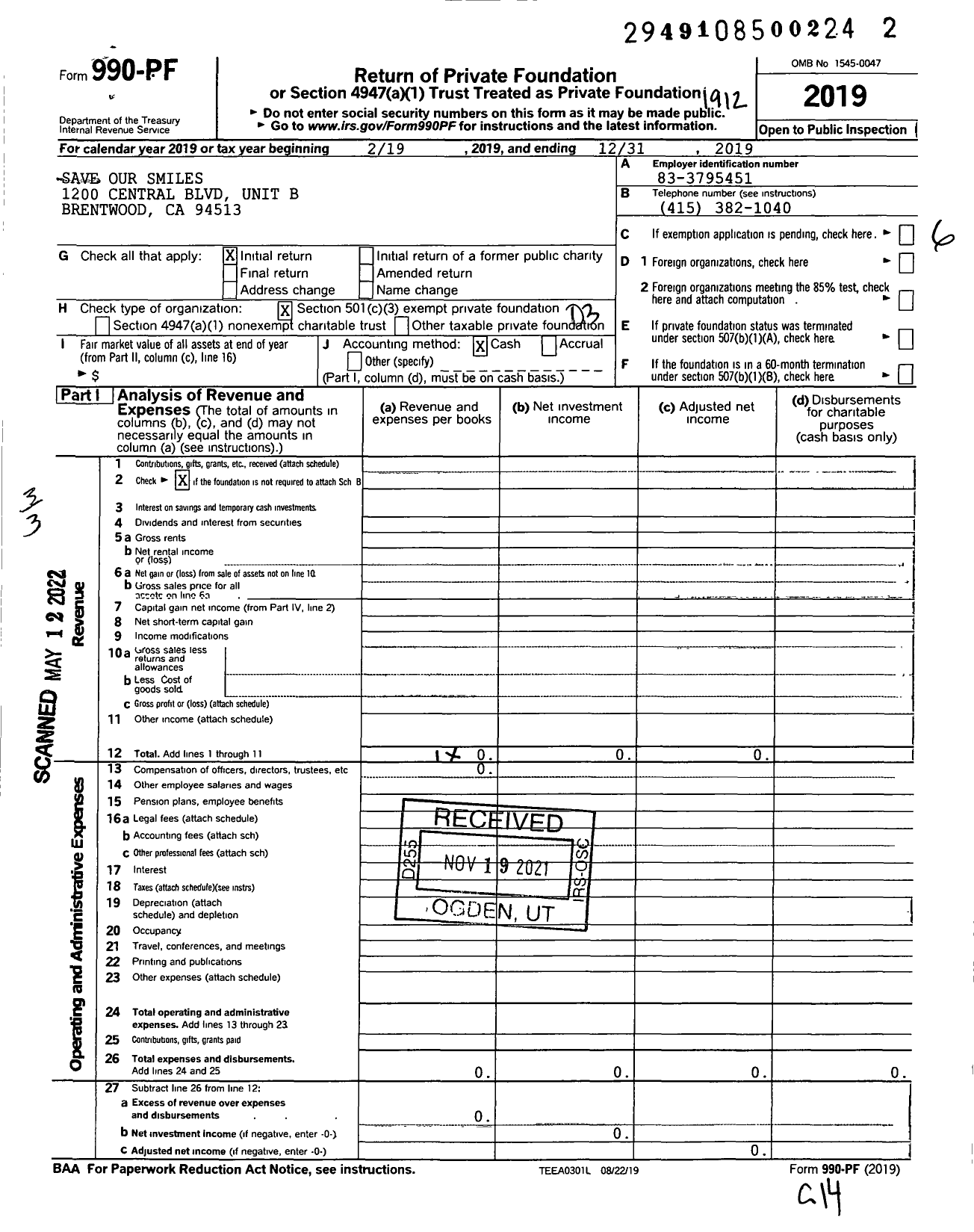 Image of first page of 2019 Form 990PF for Save Our Smiles