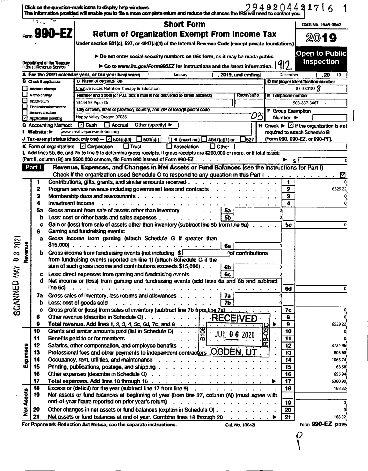 Image of first page of 2019 Form 990EZ for Healthyu Nutrition