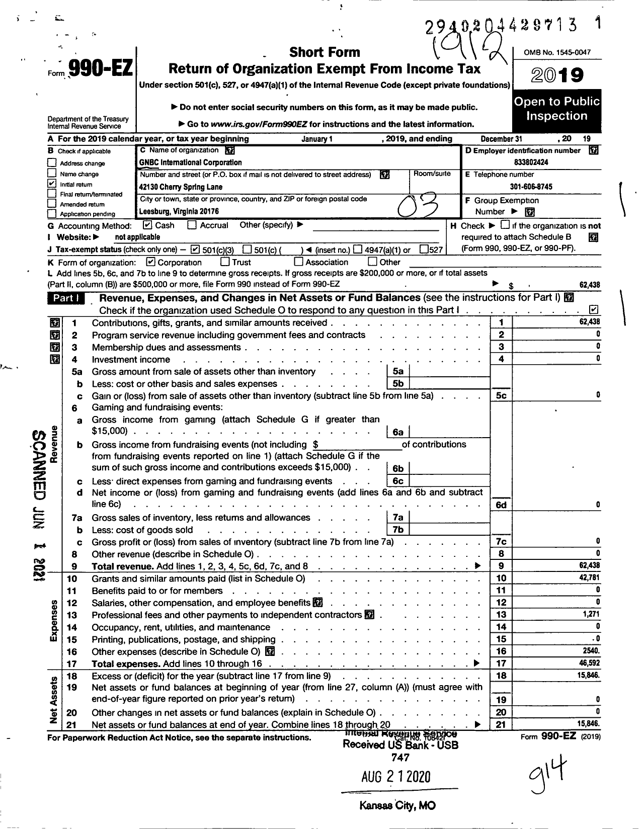 Image of first page of 2019 Form 990EZ for GNBC International Corporation