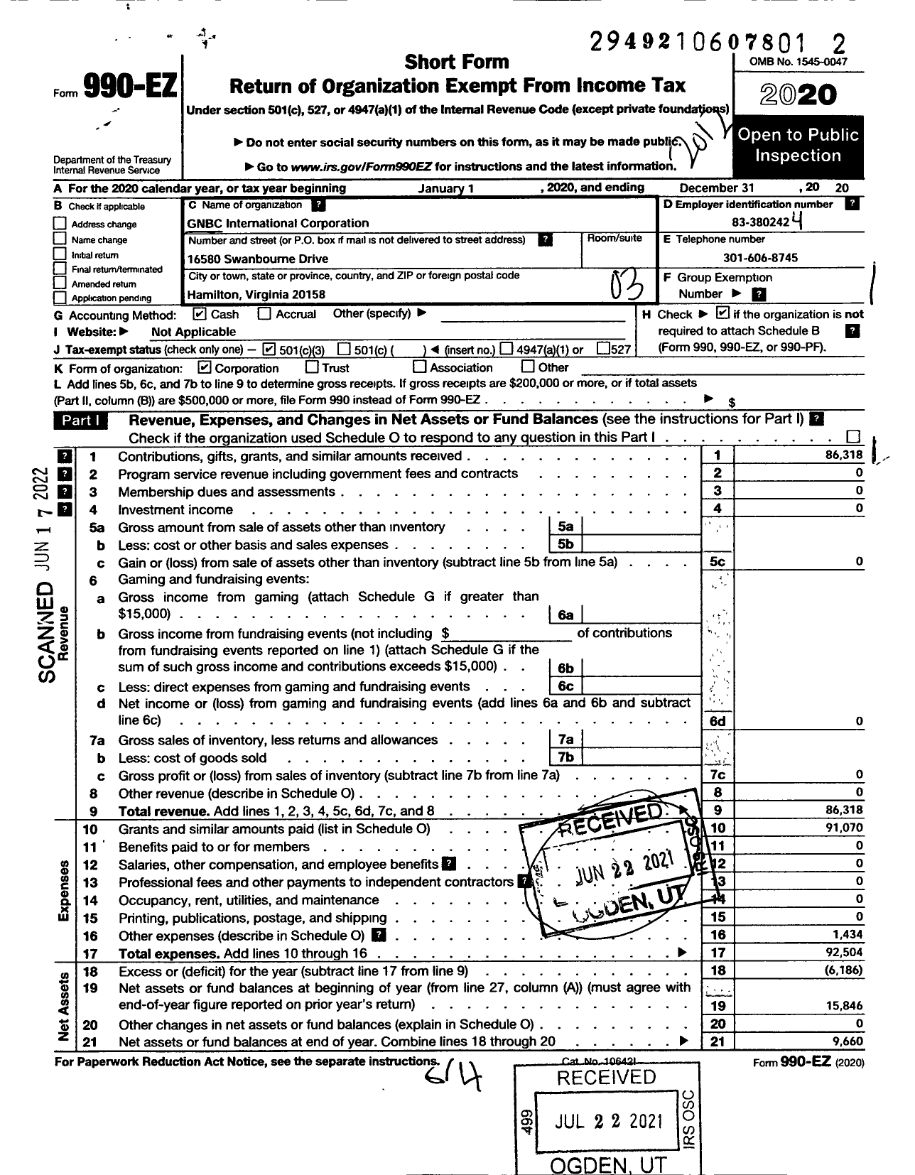 Image of first page of 2020 Form 990EZ for GNBC International Corporation