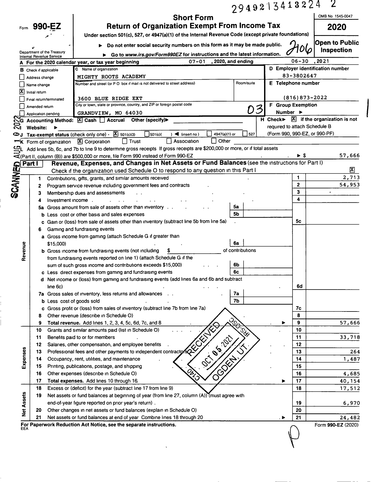 Image of first page of 2020 Form 990EZ for Mighty Roots Academy