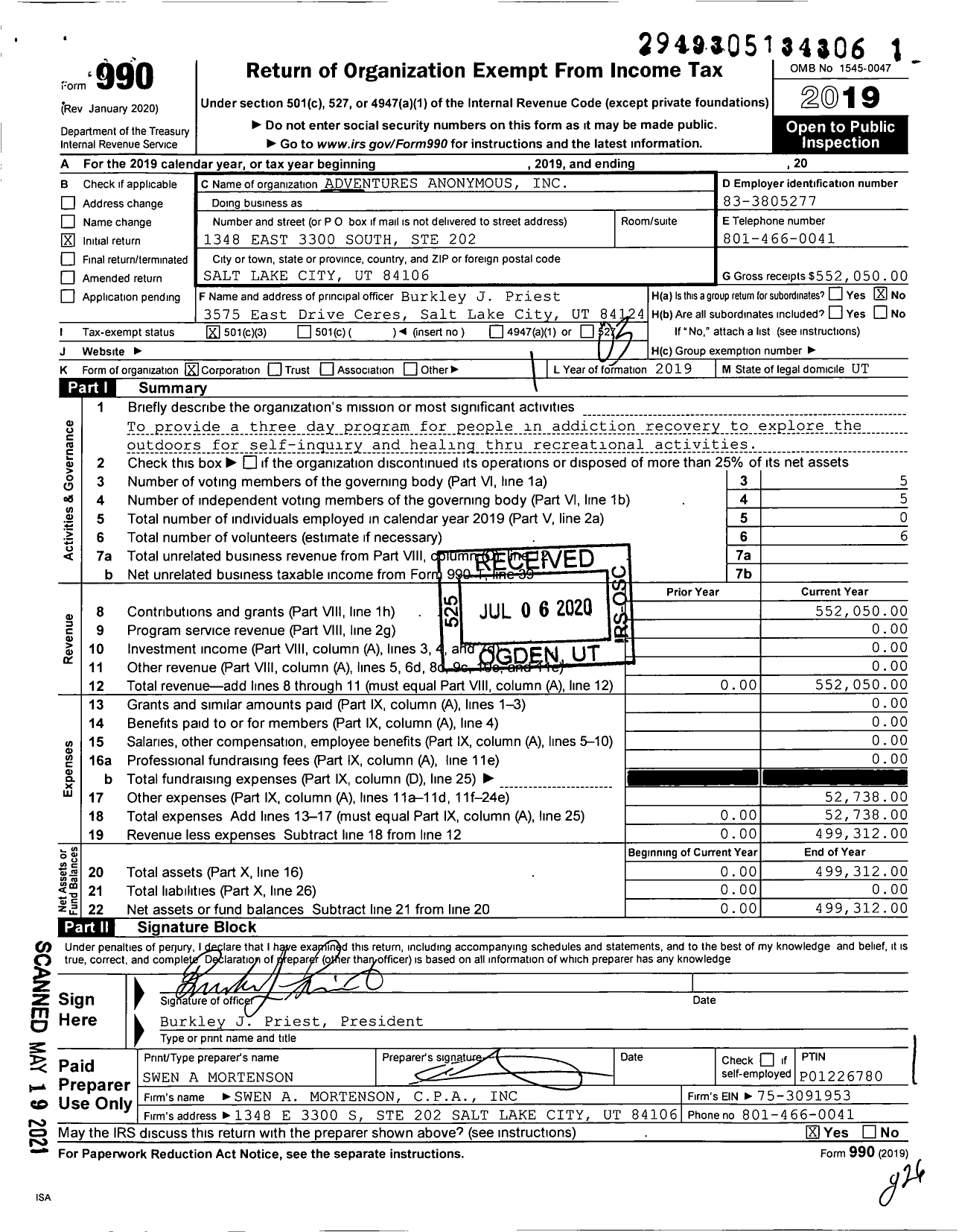 Image of first page of 2019 Form 990 for Adventures Anonymous