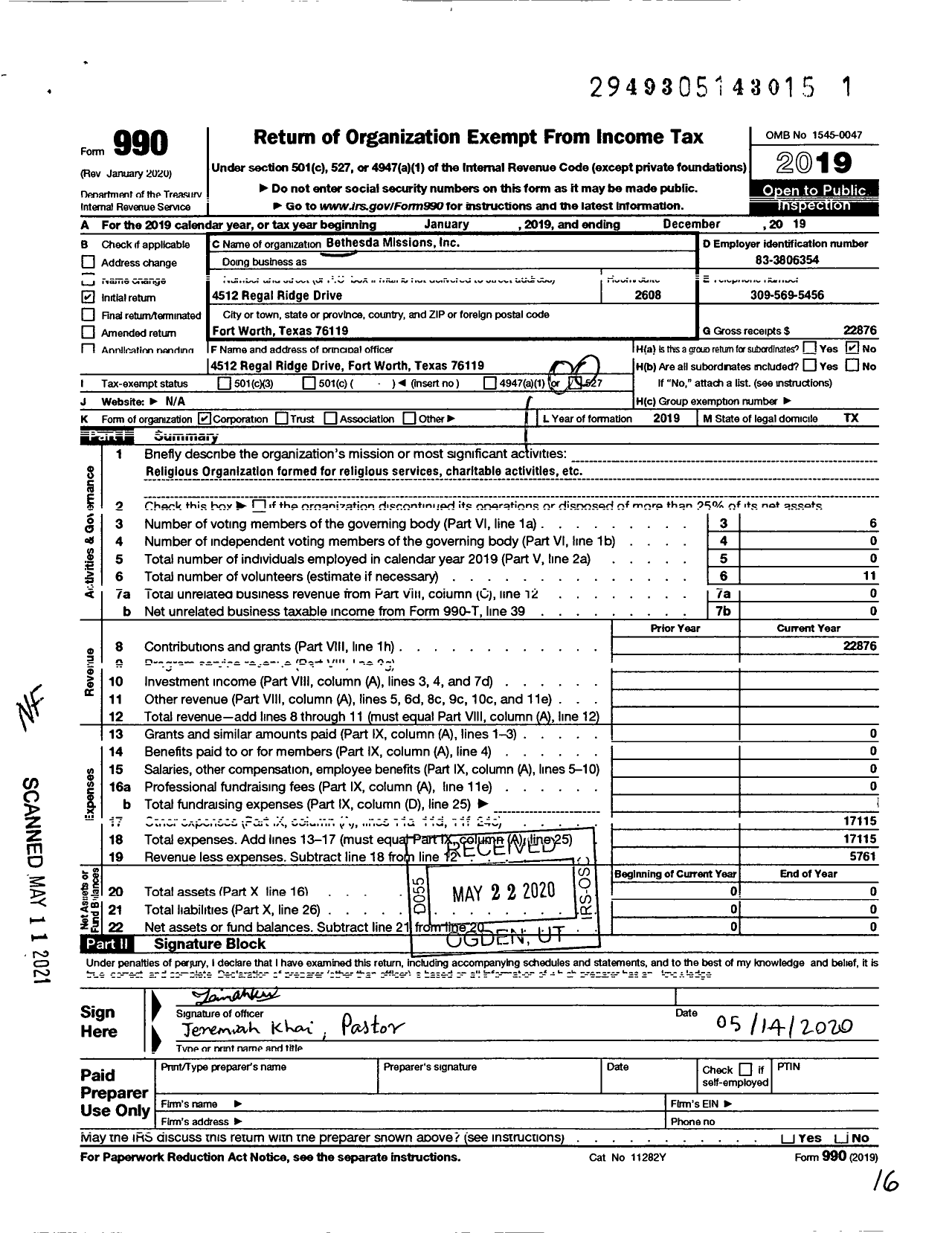 Image of first page of 2019 Form 990O for Bethesda Missions