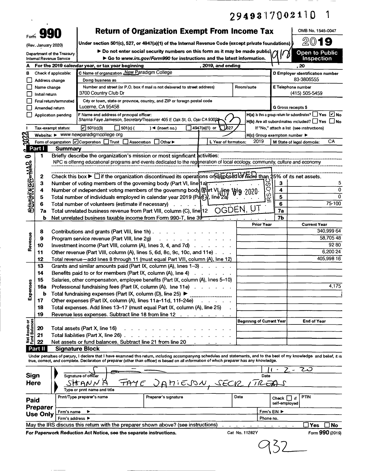 Image of first page of 2019 Form 990 for New Paradigm College