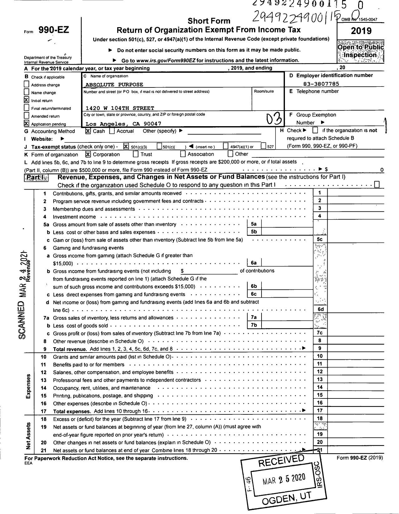 Image of first page of 2019 Form 990EZ for Absolute Purpose