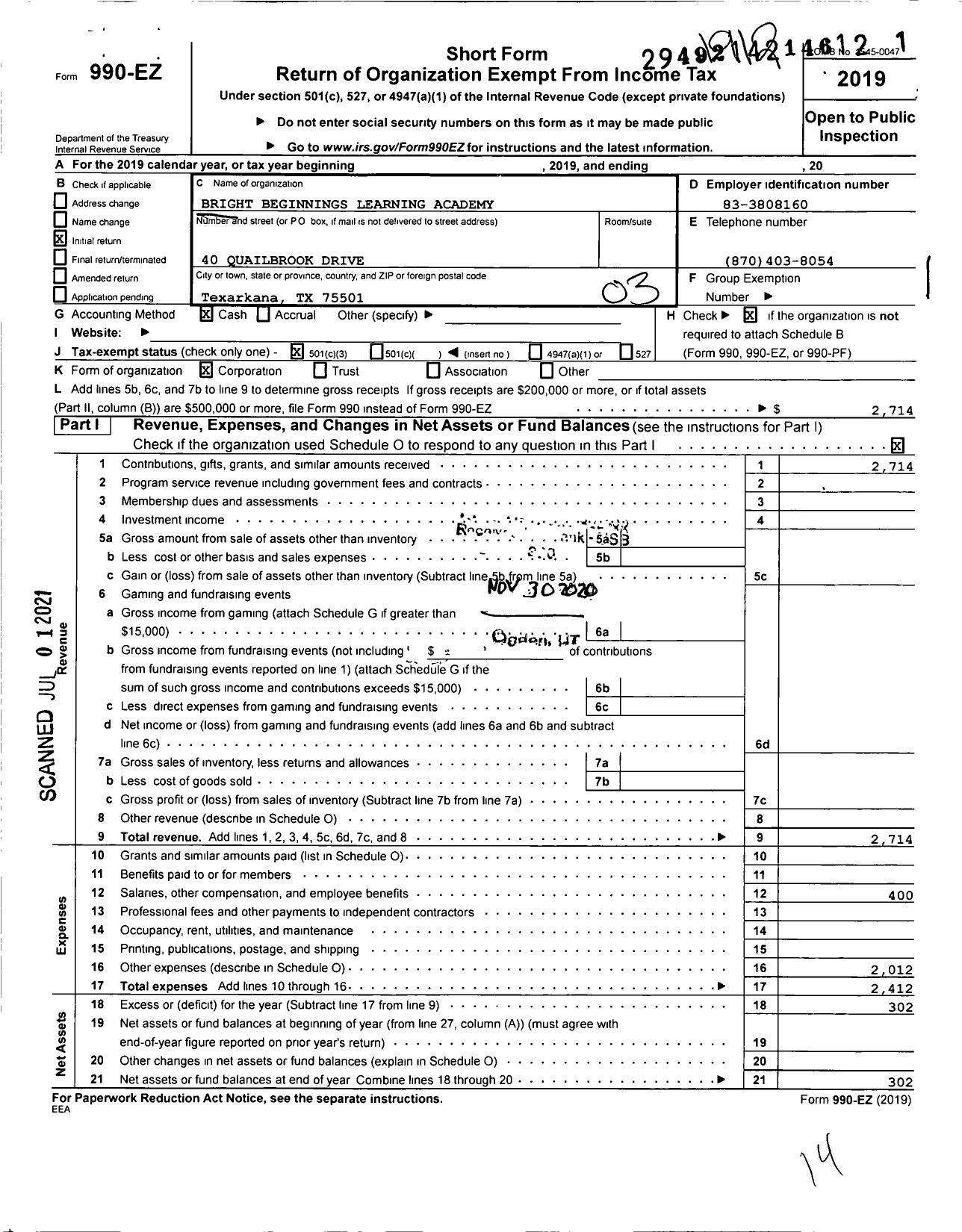 Image of first page of 2019 Form 990EZ for Bright Beginnings Learning Academy