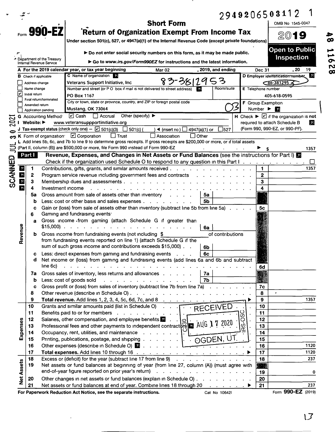 Image of first page of 2019 Form 990EZ for Veterans Support Initiative