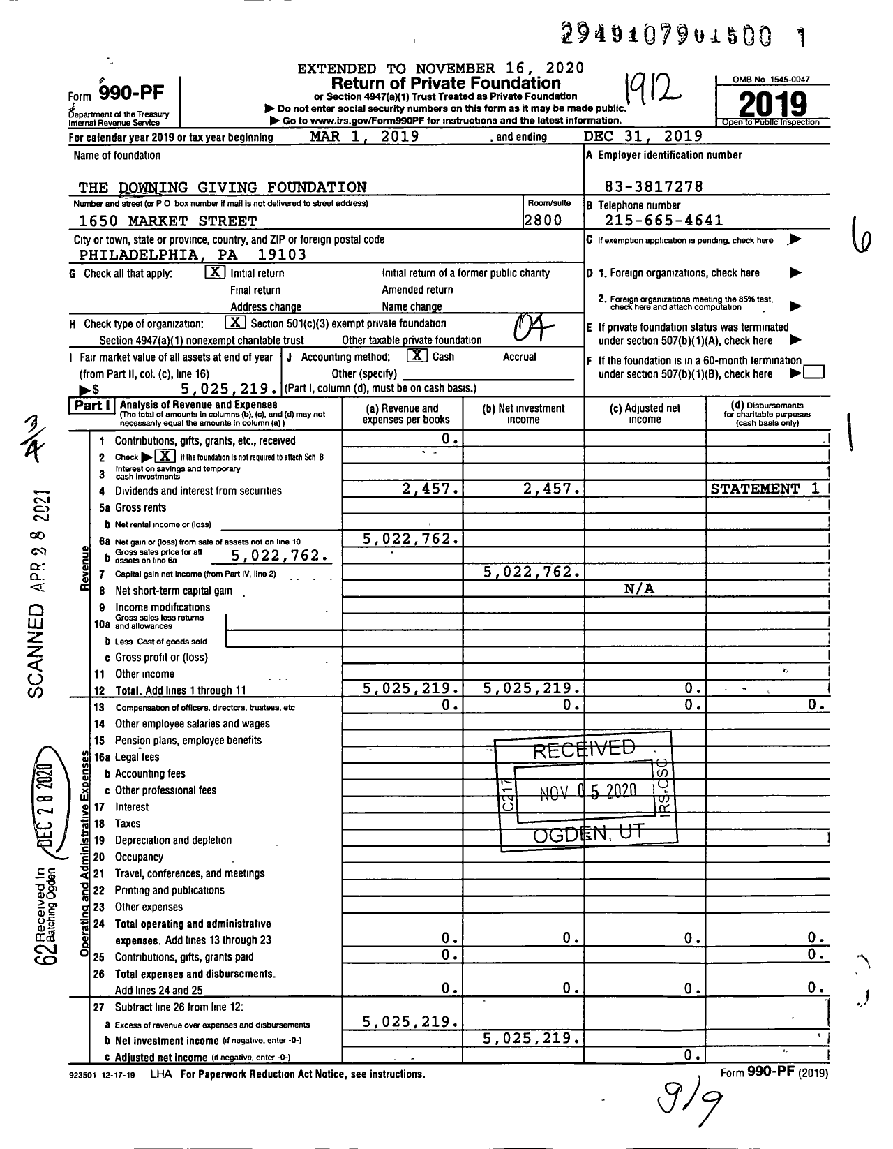 Image of first page of 2019 Form 990PF for Marrazzo Family Foundation