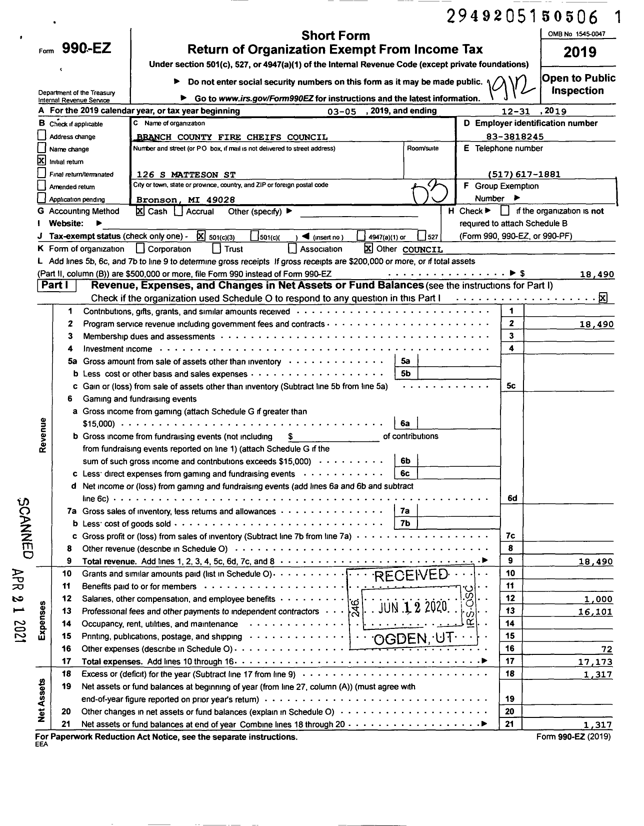 Image of first page of 2019 Form 990EZ for Branch County Fire Chiefs Council