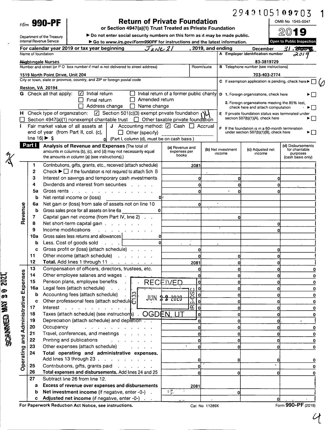 Image of first page of 2019 Form 990PF for Nightingale Nurses