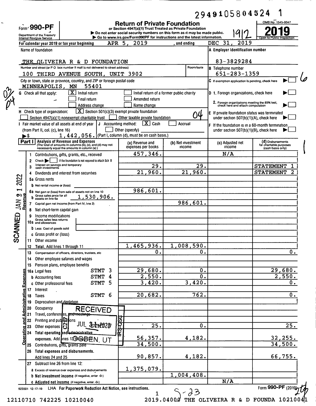 Image of first page of 2019 Form 990PF for The Oliveira R and D Foundation