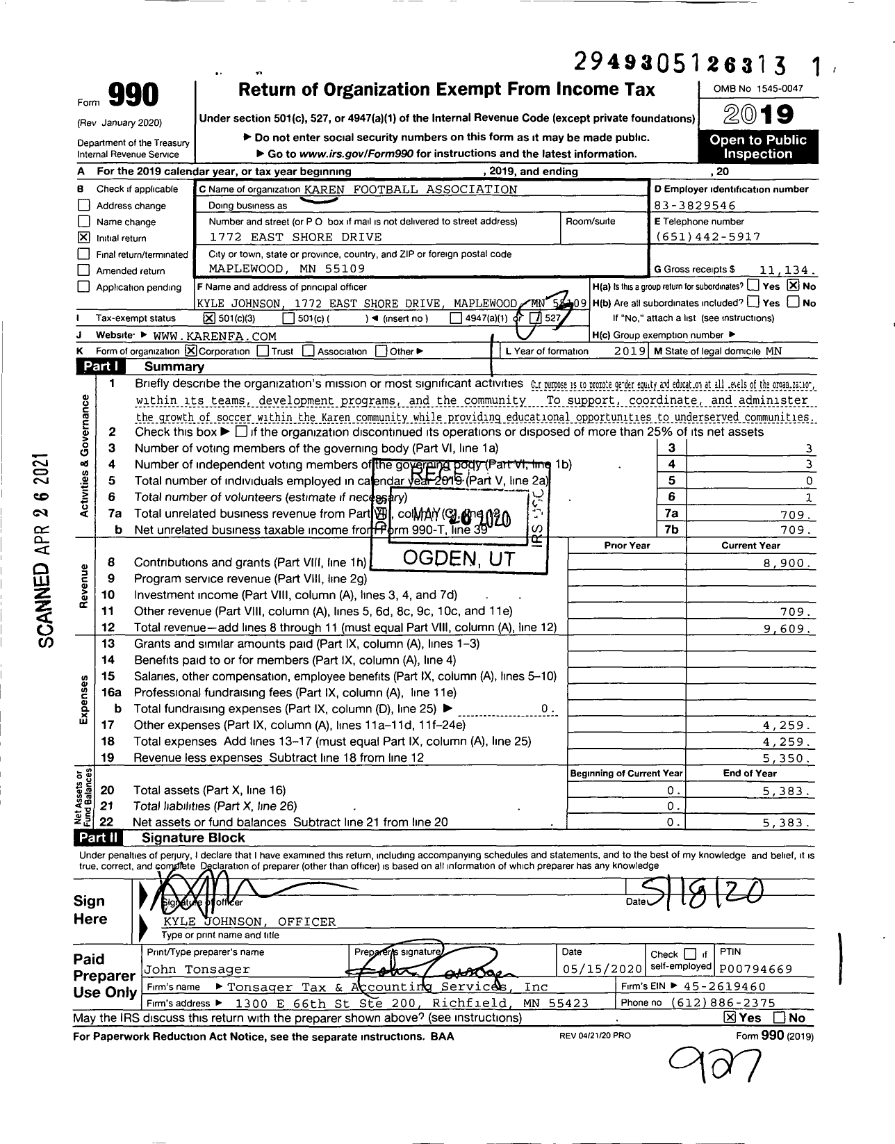 Image of first page of 2019 Form 990 for Karen Football Association