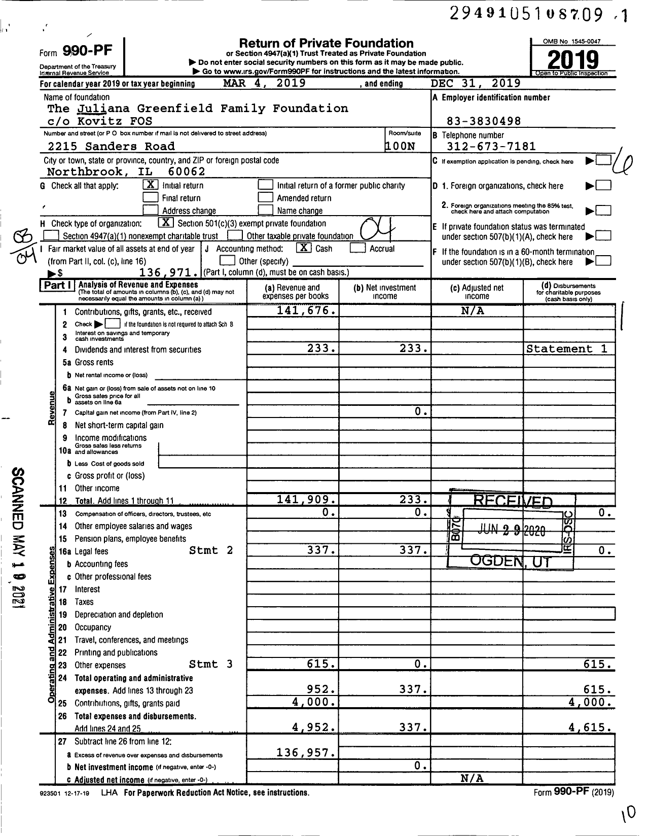 Image of first page of 2019 Form 990PF for The Juliana Greenfield Family Foundation