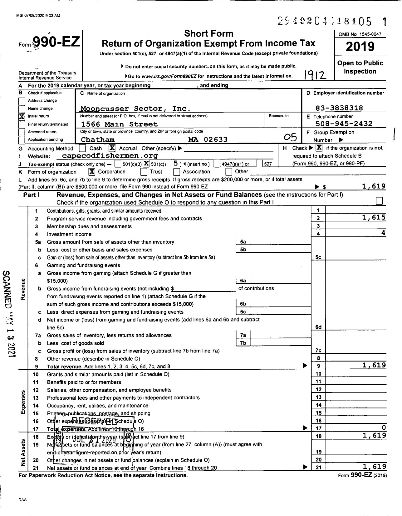 Image of first page of 2019 Form 990EO for Mooncusser Sector