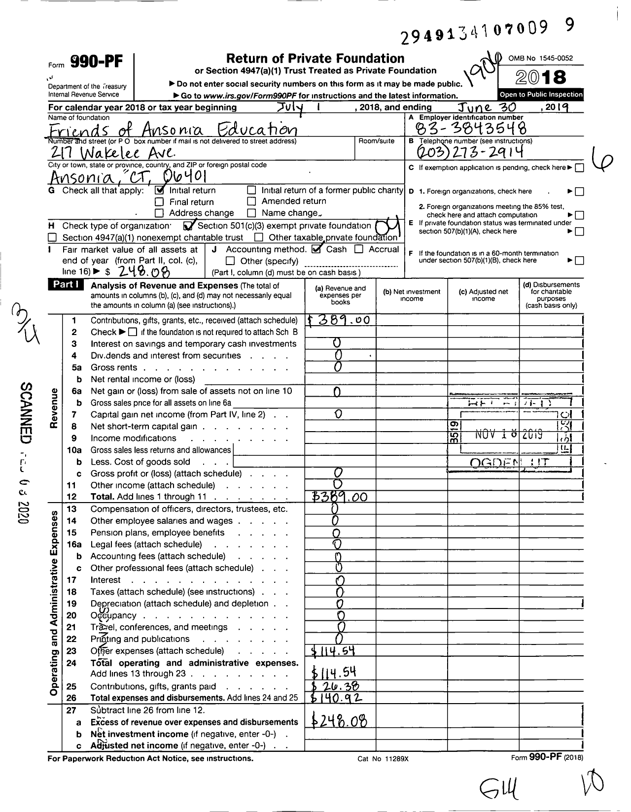 Image of first page of 2018 Form 990PF for Friends of Ansonia Education