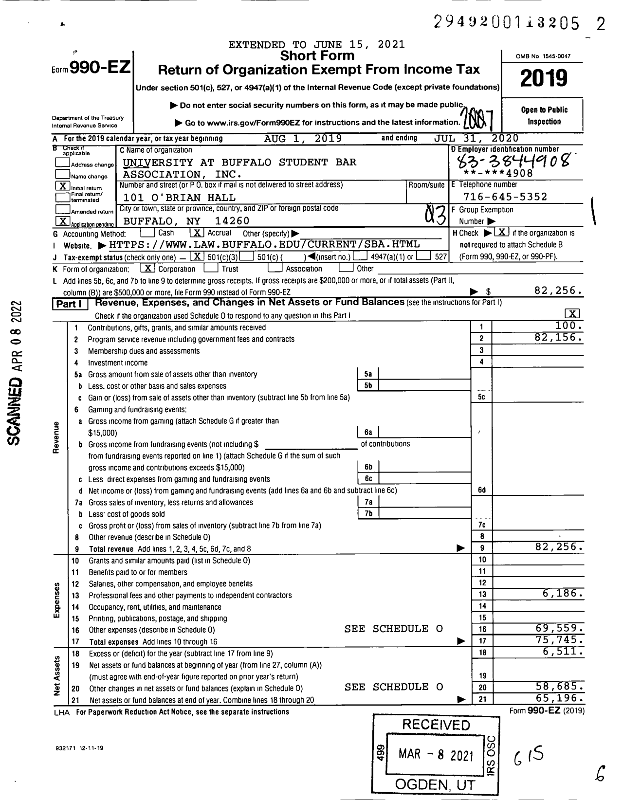 Image of first page of 2019 Form 990EZ for University at Buffalo Student Bar Association