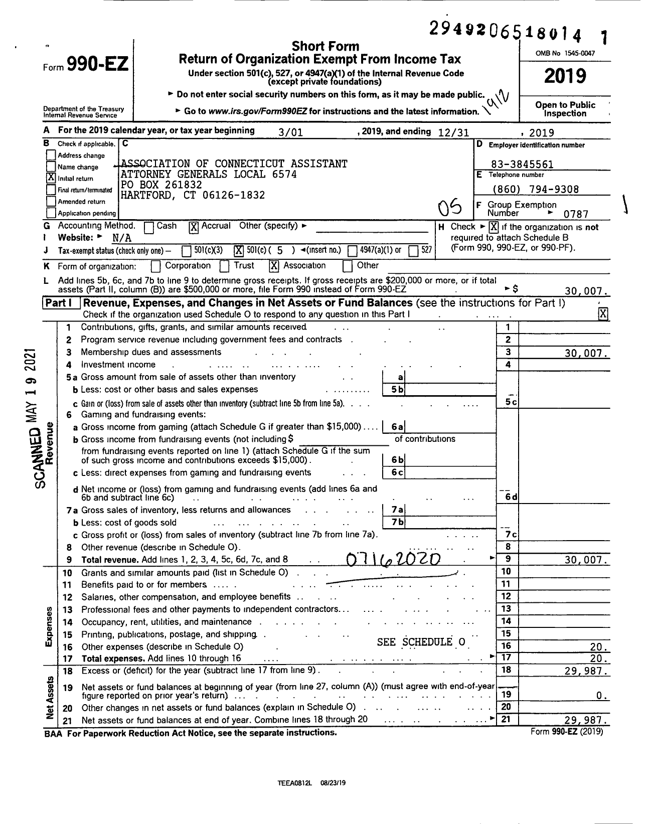 Image of first page of 2019 Form 990EO for American Federation of Teachers - 6574 Association of Connecticut Ass