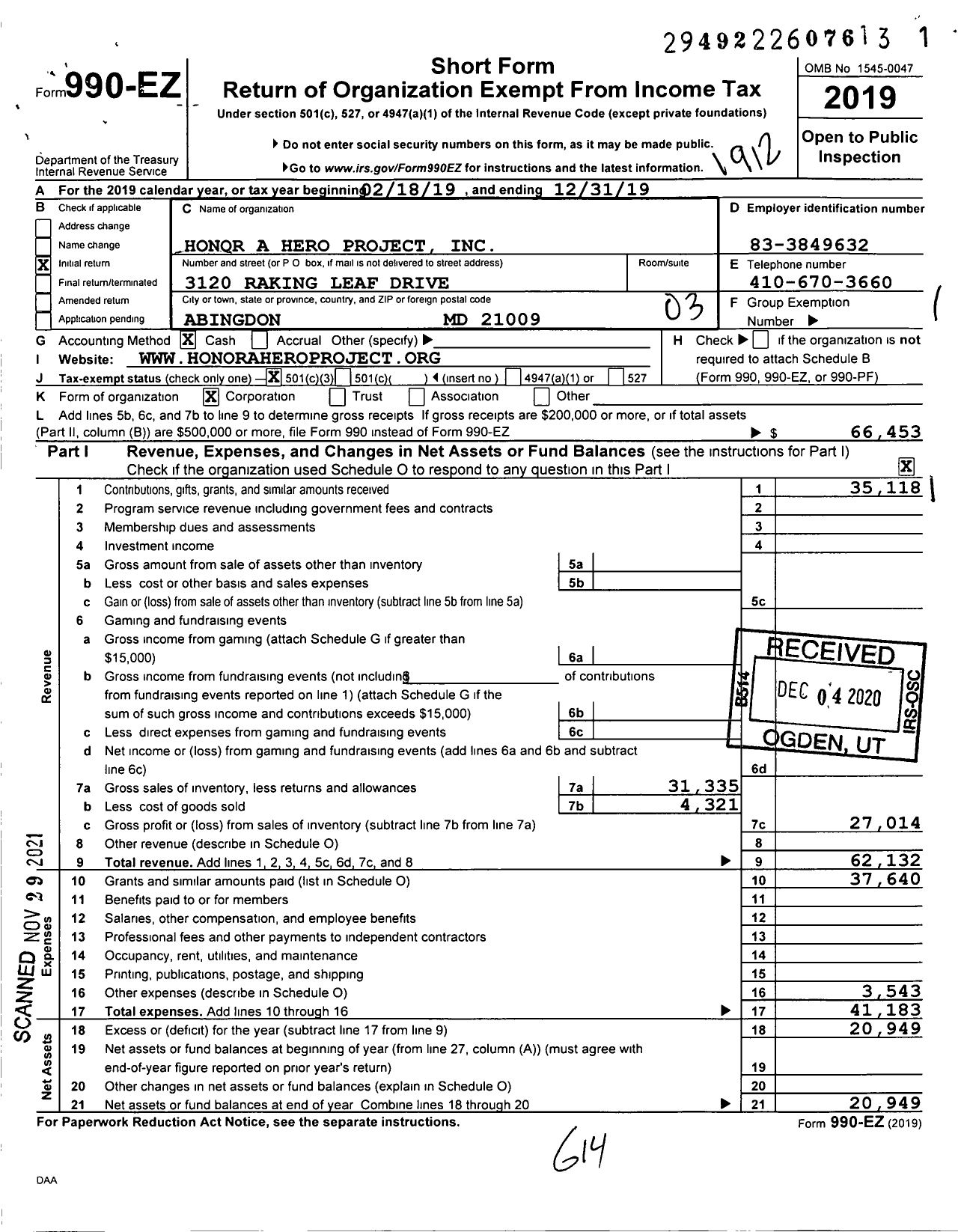 Image of first page of 2019 Form 990EZ for Honor A Hero Project