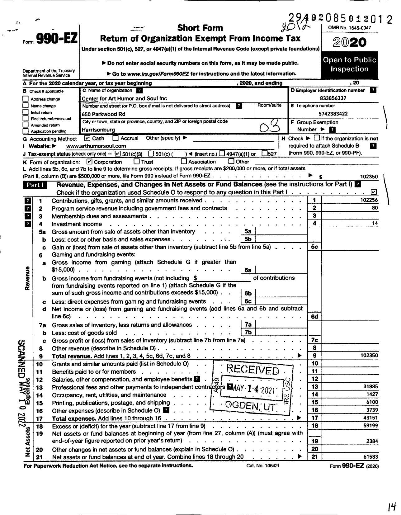 Image of first page of 2020 Form 990EZ for Center for Art Humor and Soul