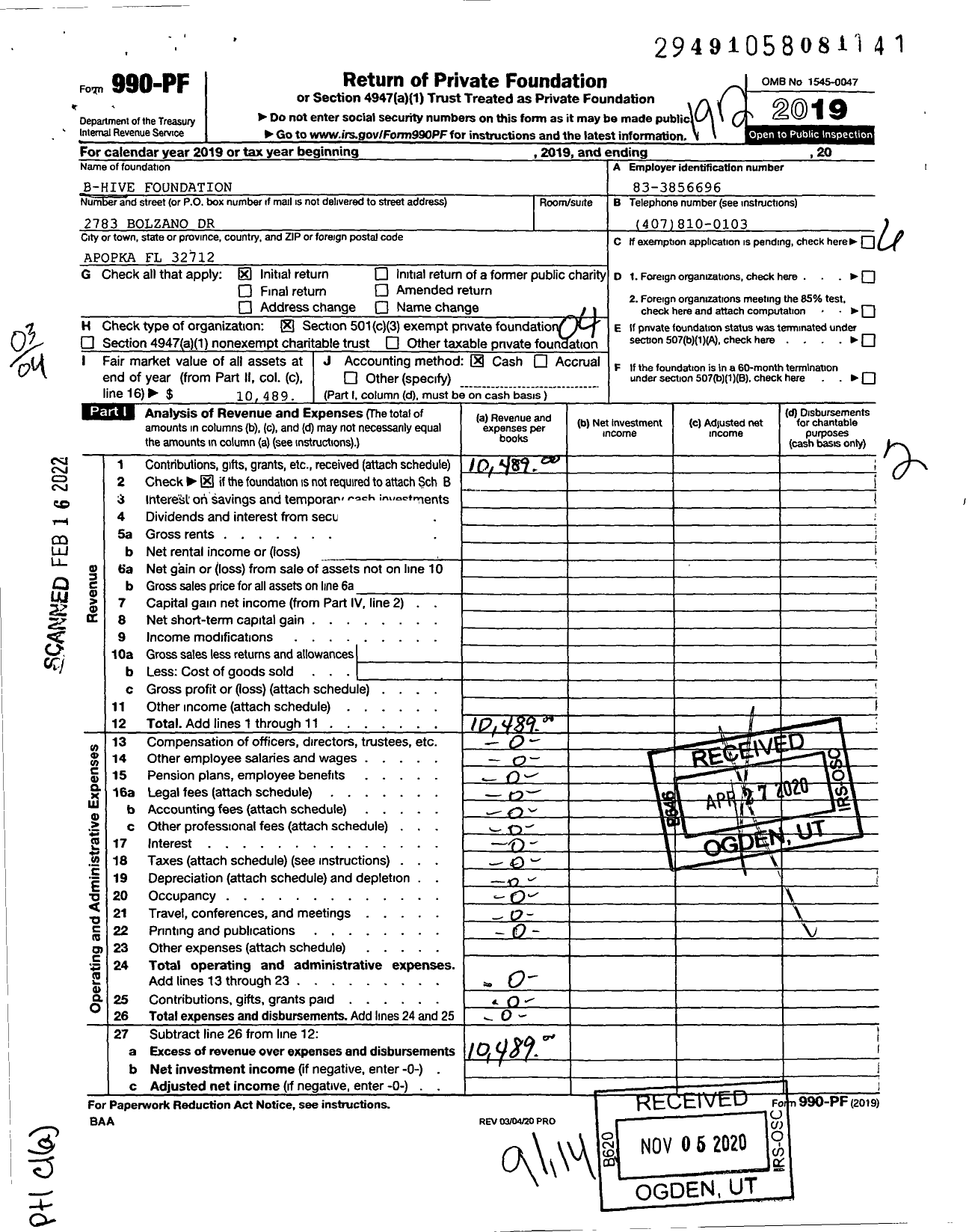 Image of first page of 2019 Form 990PF for B-Hive Foundation