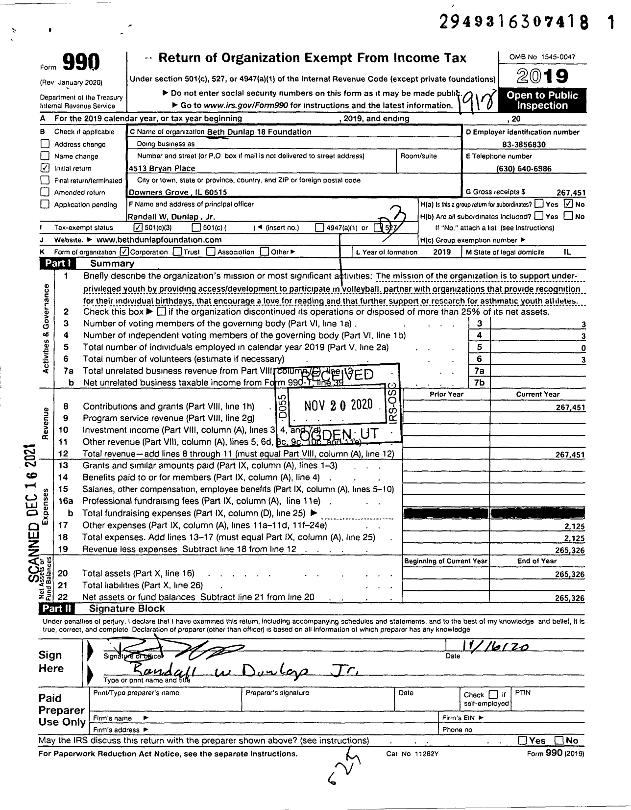 Image of first page of 2019 Form 990 for Beth Dunlap 18 Foundation