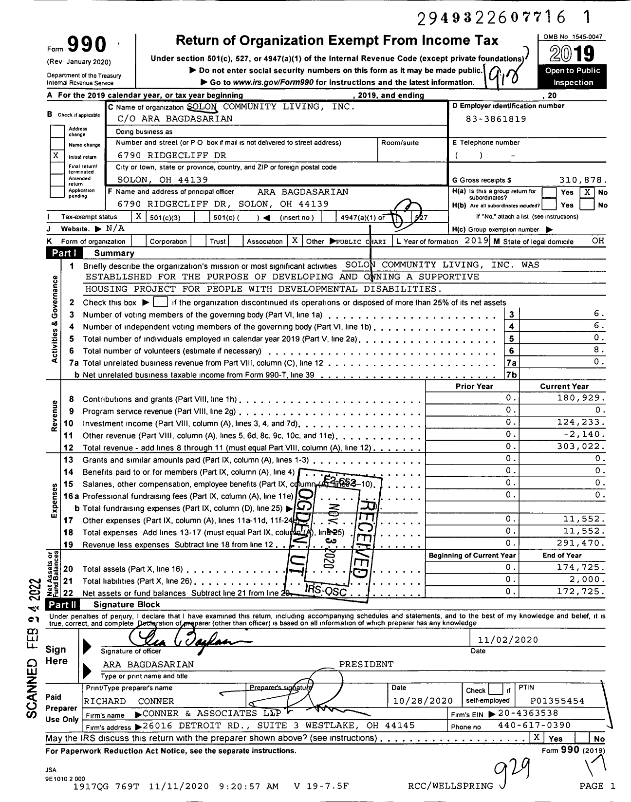 Image of first page of 2019 Form 990 for Solon Community Living