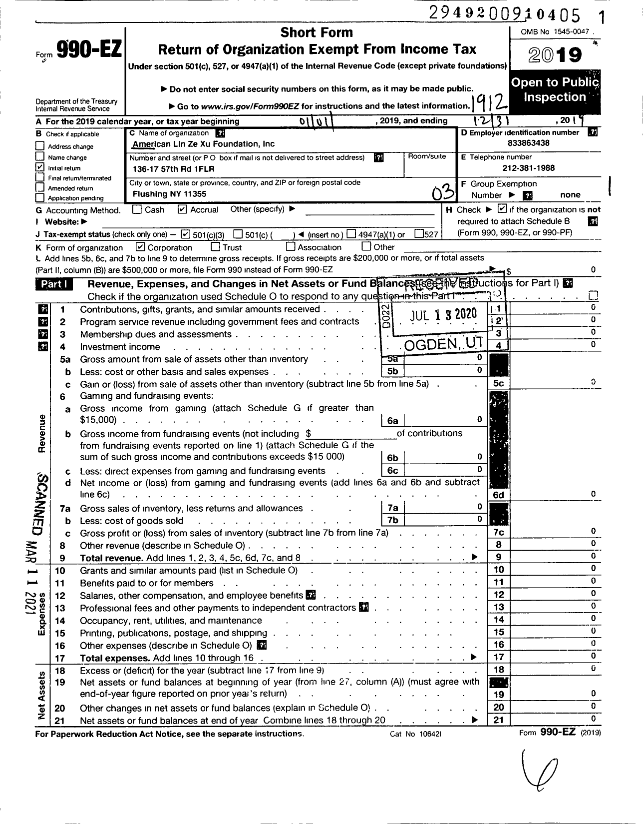 Image of first page of 2019 Form 990EZ for American Lin Ze Xu Foundation