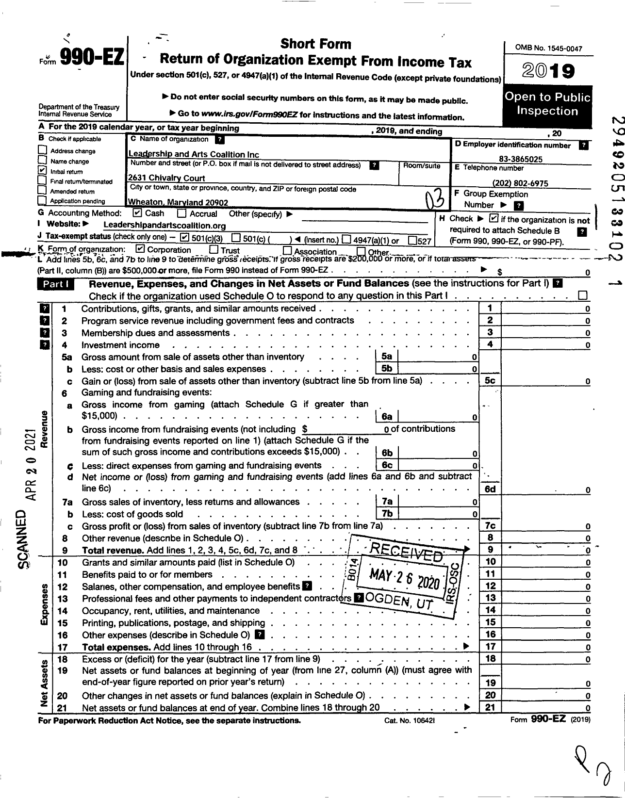 Image of first page of 2019 Form 990EZ for Leadership and Arts Coalition