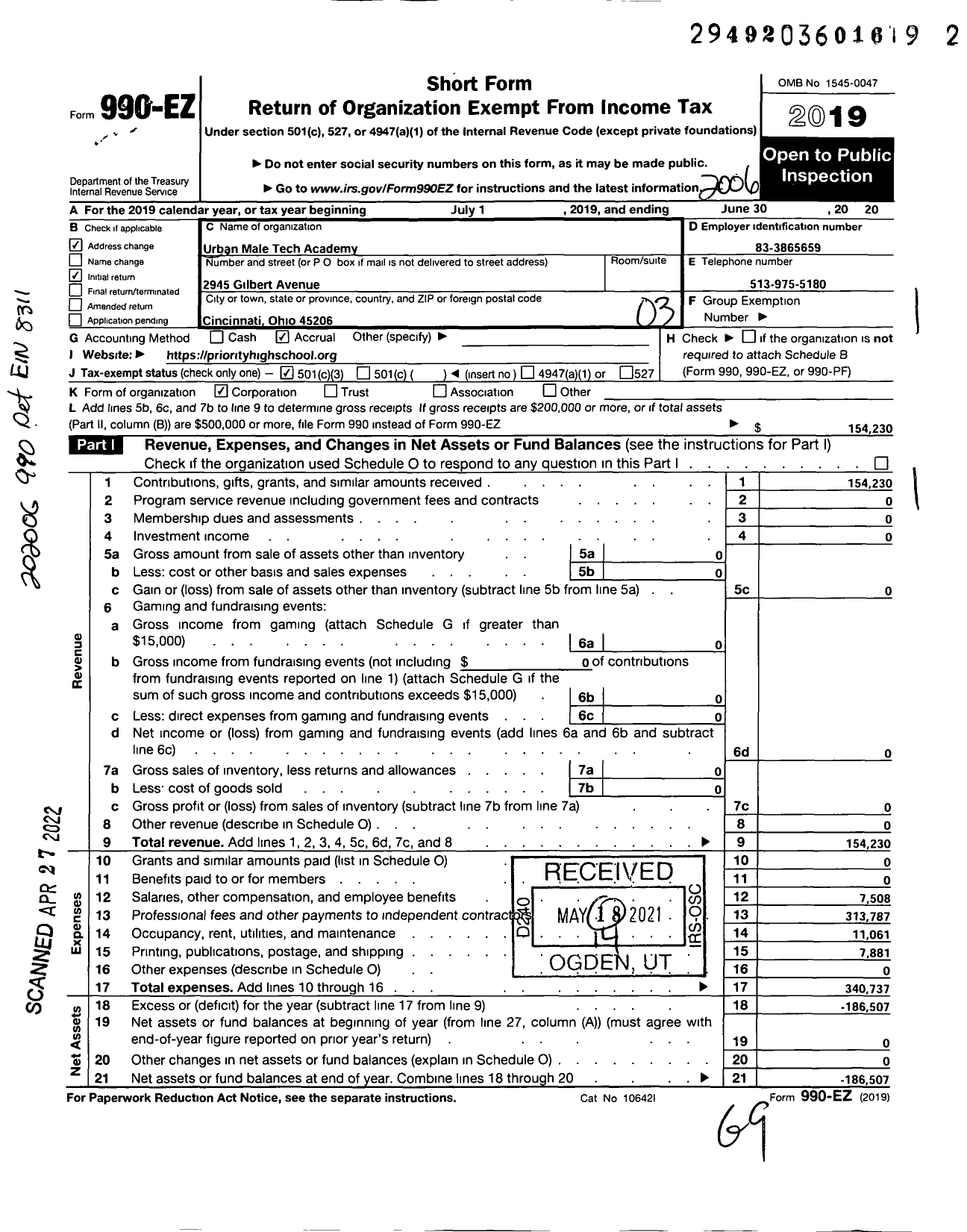 Image of first page of 2019 Form 990EZ for Priority High School