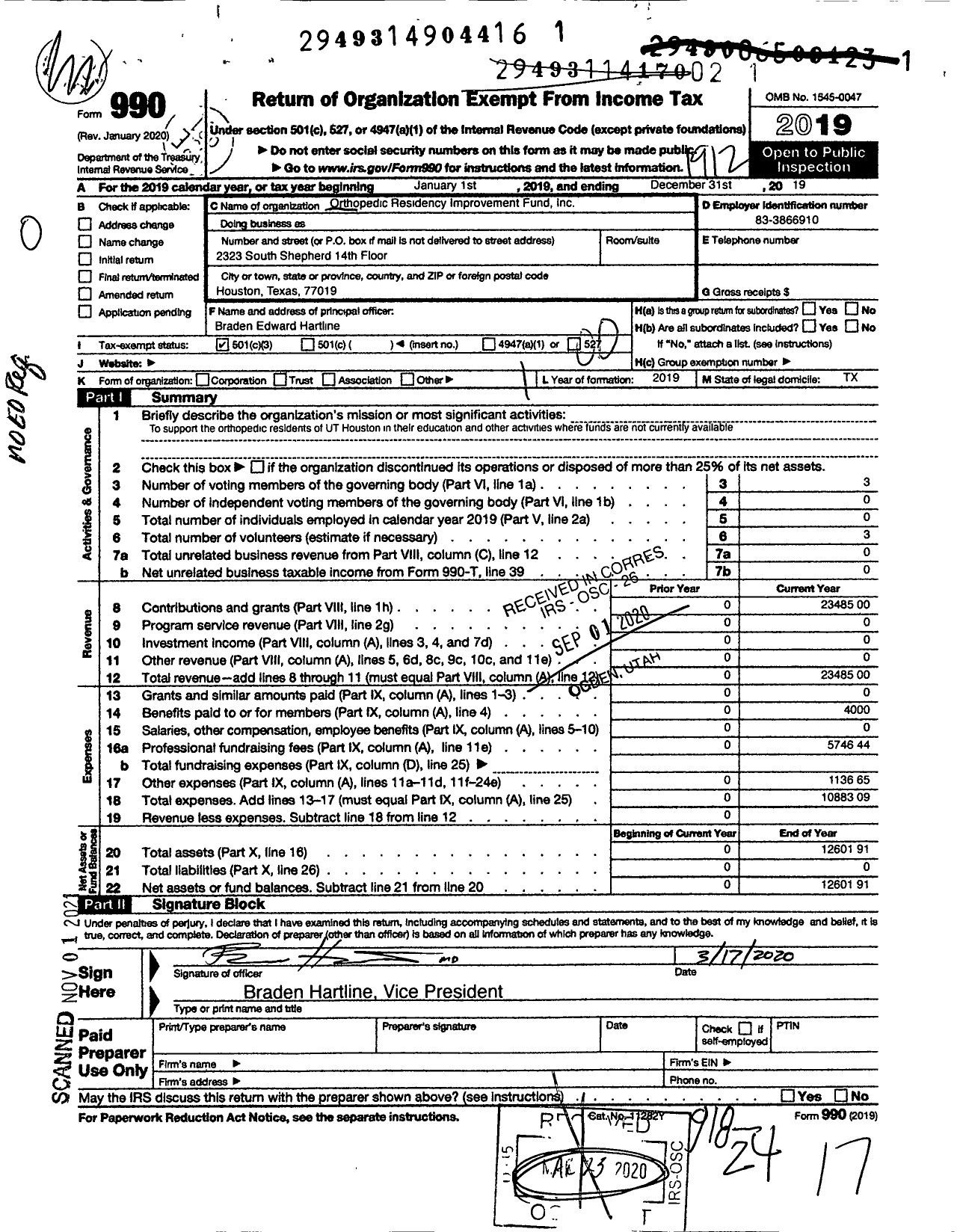 Image of first page of 2019 Form 990O for Orthopedic Residency Improvement Fund