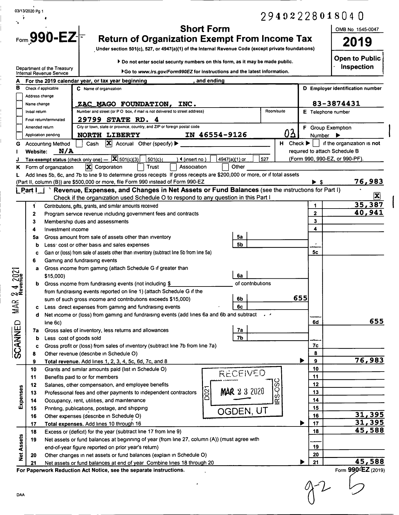 Image of first page of 2019 Form 990EZ for Zac Mago Foundation