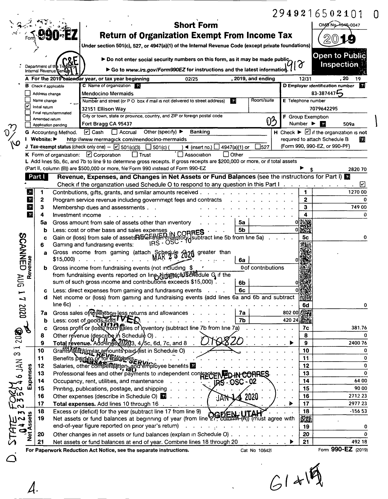 Image of first page of 2019 Form 990EZ for Mendocino Mermaids