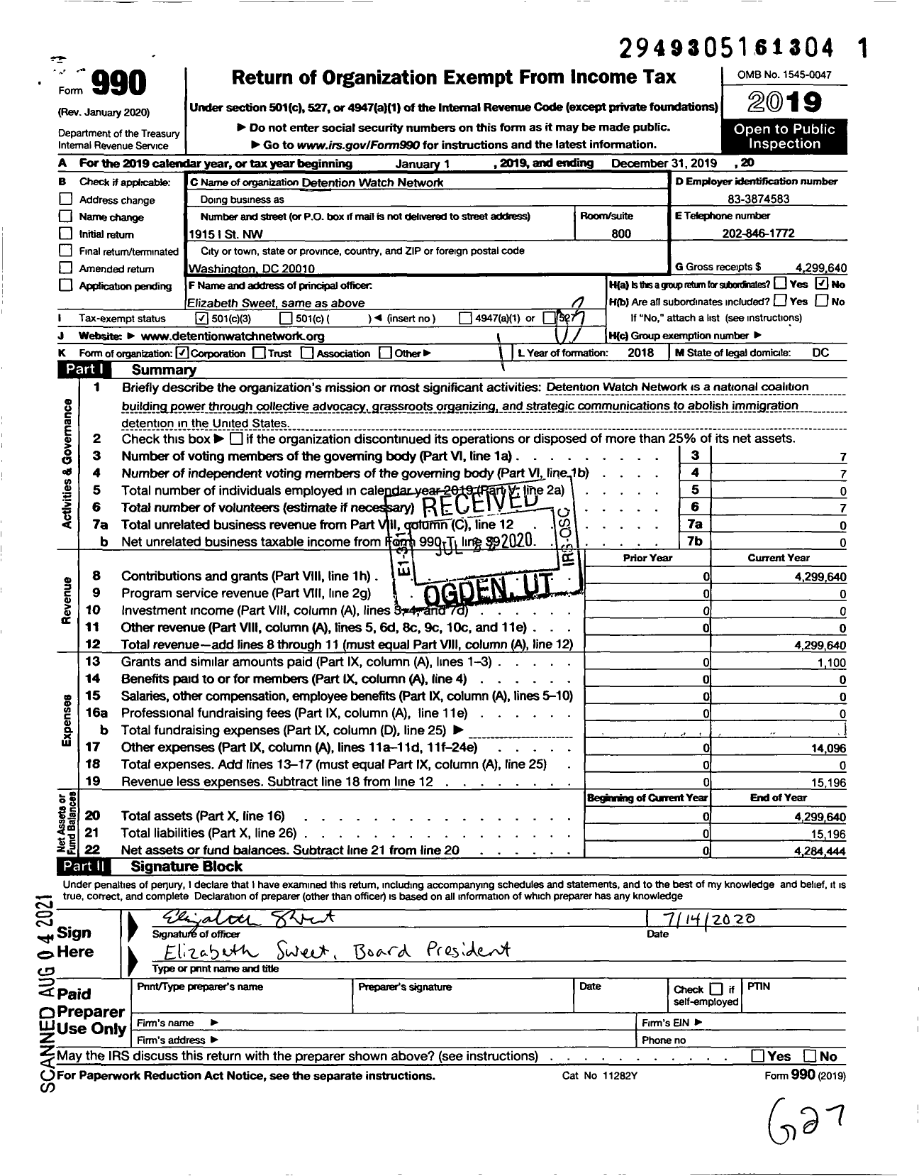 Image of first page of 2019 Form 990 for Detention Watch Network