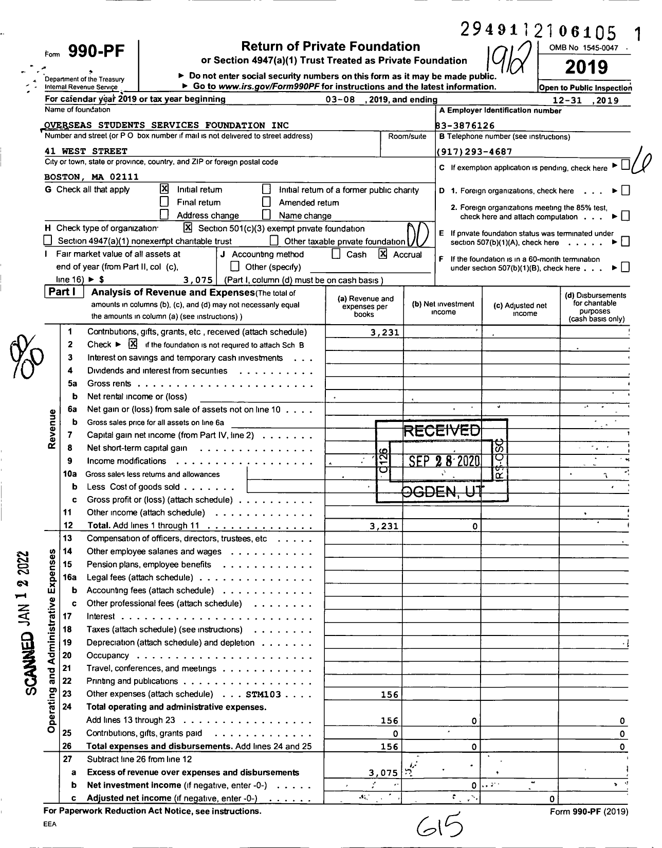 Image of first page of 2019 Form 990PF for Overseas Students Services Foundation