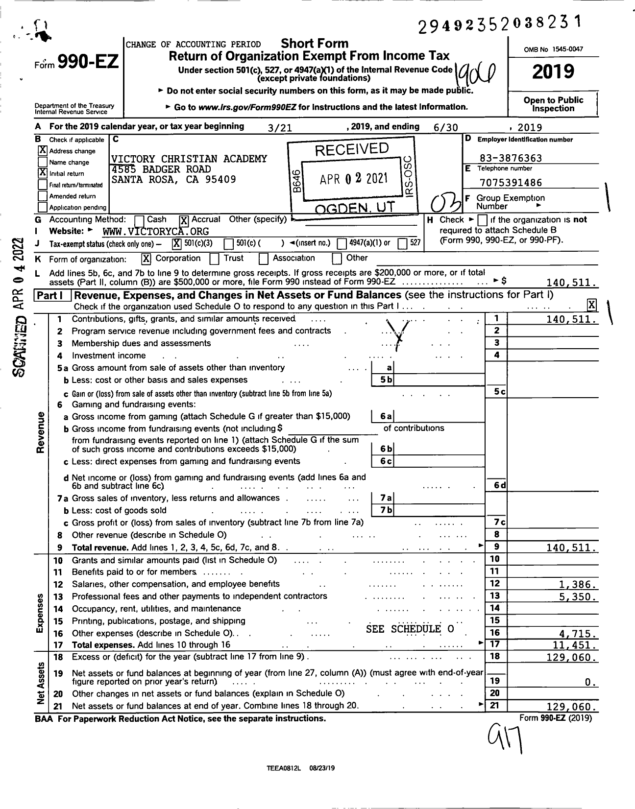 Image of first page of 2018 Form 990EZ for Victory Christian Academy