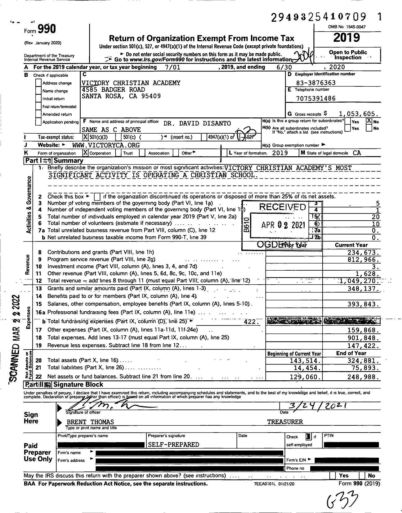 Image of first page of 2019 Form 990 for Victory Christian Academy