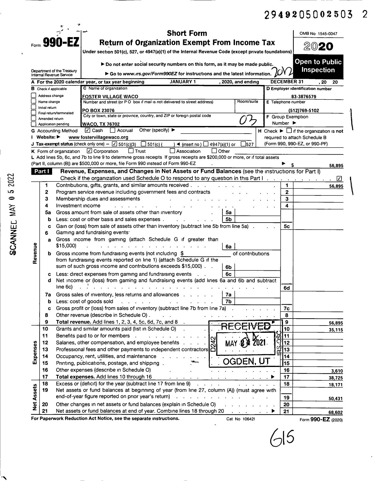 Image of first page of 2020 Form 990EZ for Foster Village Waco